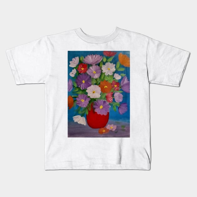 mixed carnations flowers in a red vase Kids T-Shirt by kkartwork